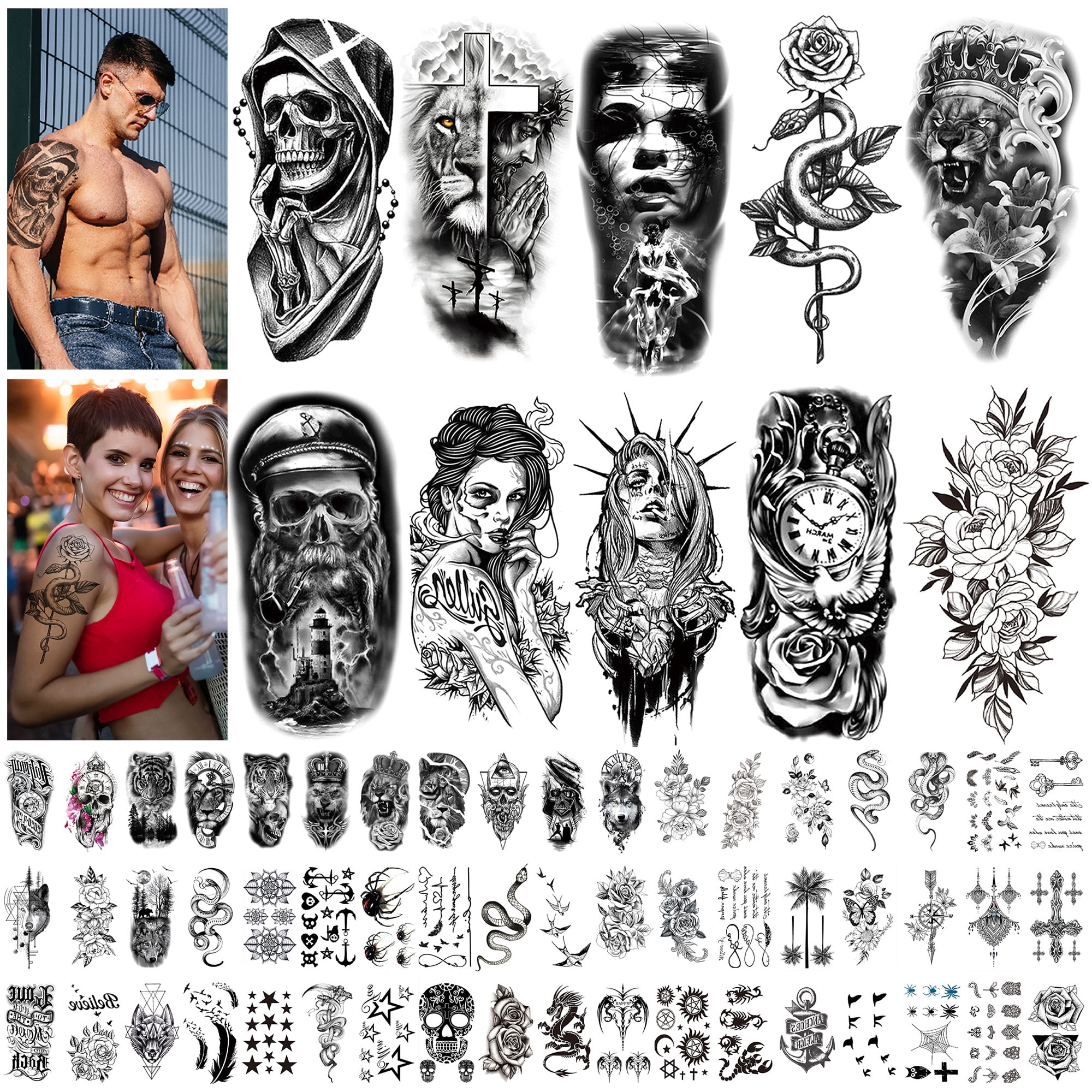 Temporary Tattoos For Men and Women - Fake Half Arm and Small Tattoos Sleeves For Arms Shoulders Chest Back Legs Cross Skull Owl Clock Scorpion Rose Realistic Waterproof 10 Large 54 Small - Walmart.com